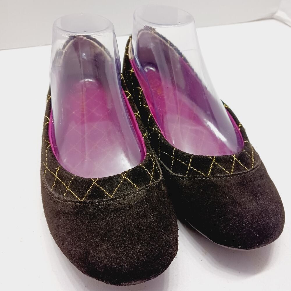 Shoe Flat Women Ballet Flats Suede Brown Metallic Gold Office Minimalist Sz 7.5